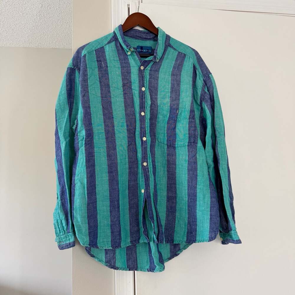 Vintage Blueprint, Linen Cotton Striped Button Down Shirt, 90’s Retro Sz XL